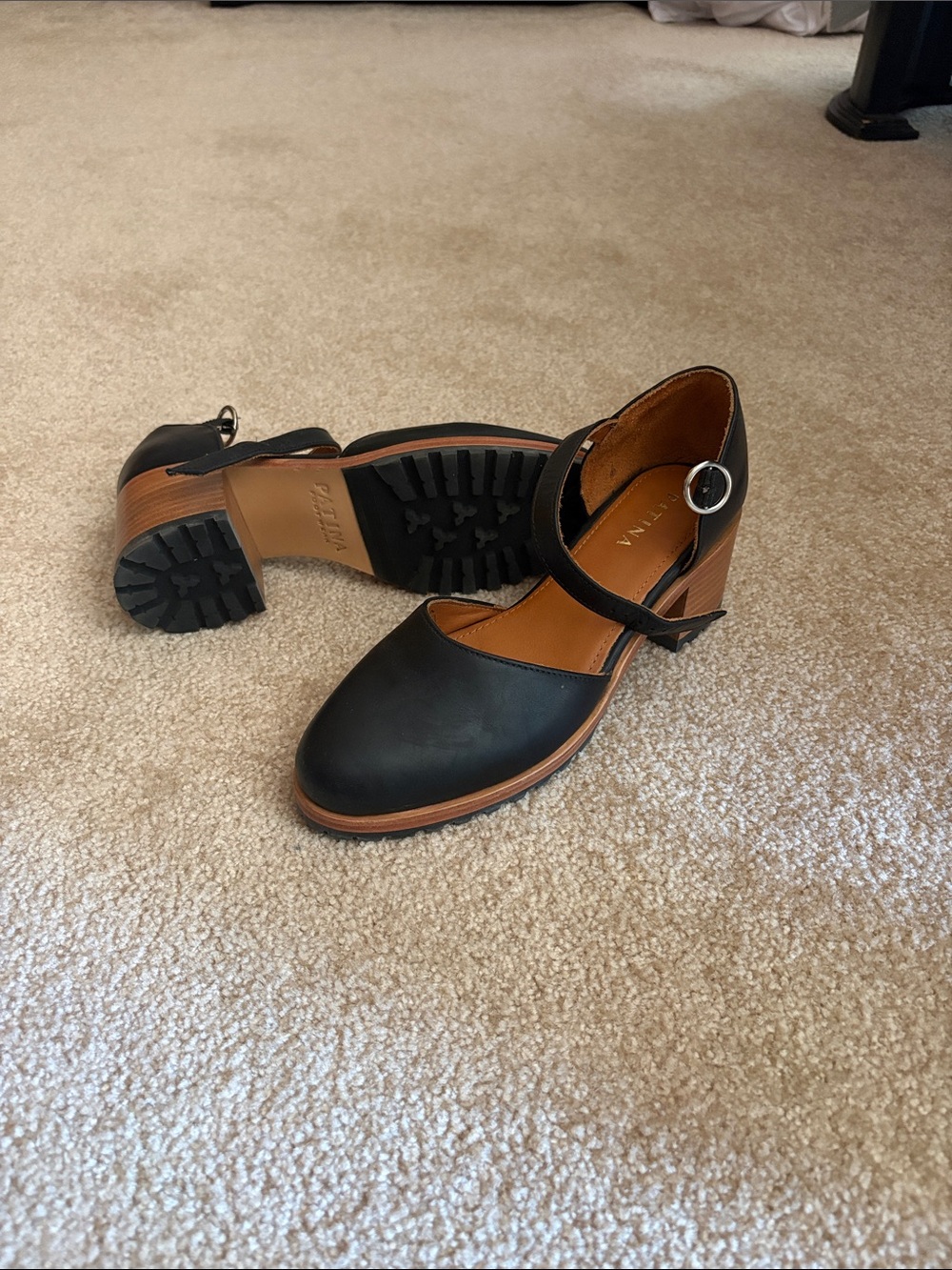 Black Mary Jane Block Heel Pumps with Ankle Strap